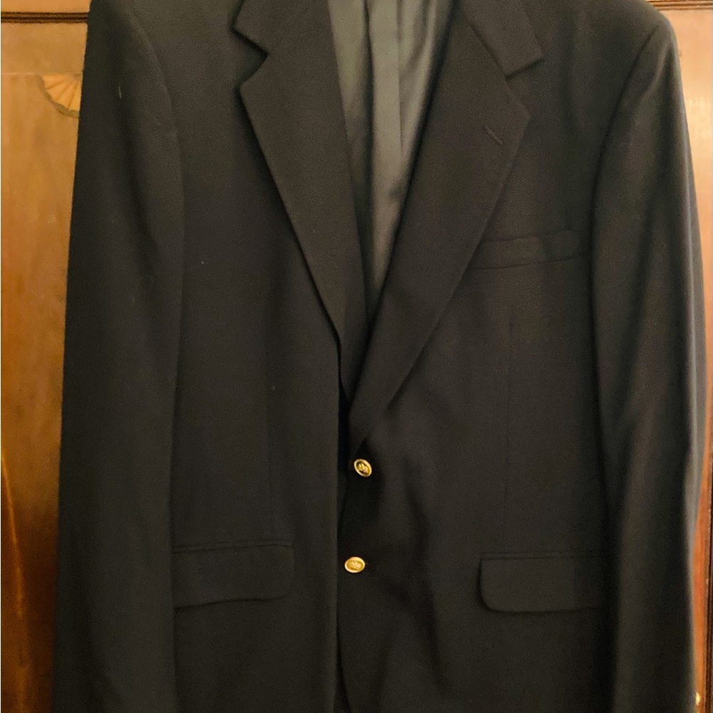 Men’s Stafford deep deep indigo blue/black wool blazer, brass color buttons